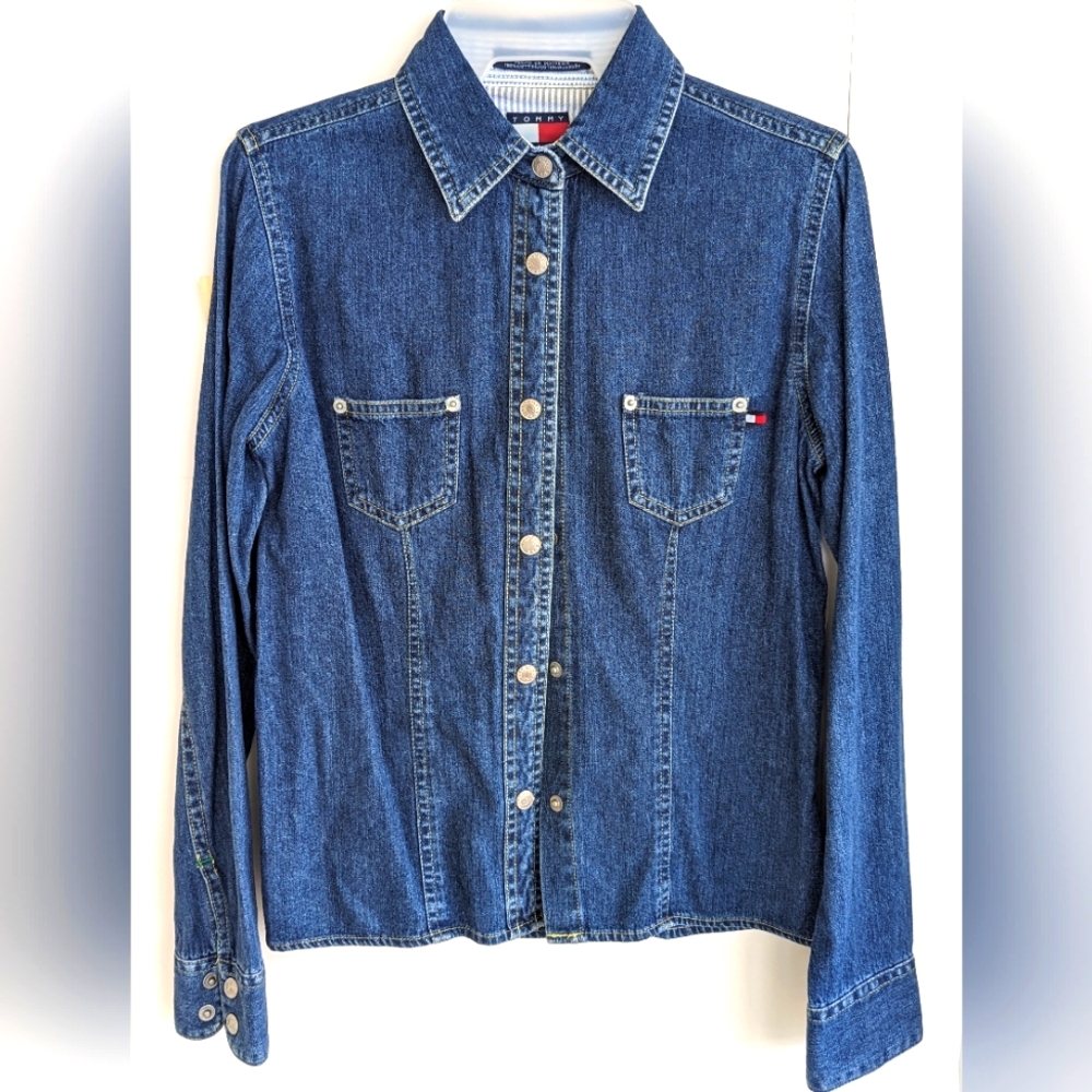 Vtg 90's Tommy Jeans Denim Snap Button Up Shirt Top Women's Small Logo